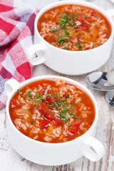 tomato soup with rice and vegetables, top view
