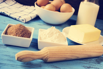 ingredients for preparing cookies or a cake, with a filter effec