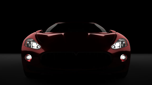 Computer generated image of a luxury sports car, studio setup, dark background.