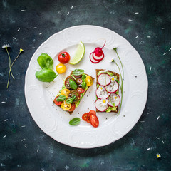 Vegan sandwiches with smashed avocado, tomatoes and radish. Top view