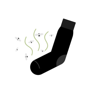 Dirty smelly sock with a bad smell and flies. Vector illustratio