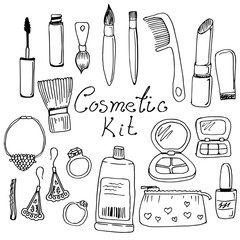 women's cosmetic kit. hand-drawn doodles set.