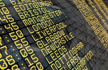 Airport Departure Board with United Kingdom destinations