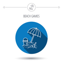 Beach umbrella in sand icon. Bucket with shovel.