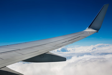 Fototapeta na wymiar Airplane wing on sky background