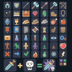 Game icon set, vector game flat icon, magic, armor, spells