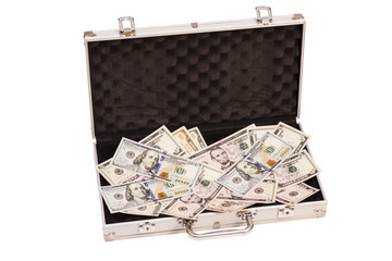 Open silver case with dollars on white background