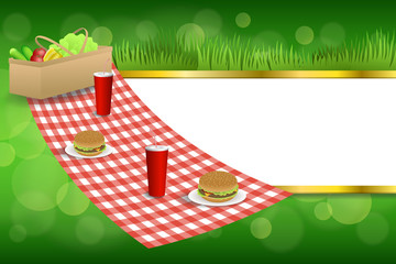 Background abstract green grass picnic basket hamburger drink vegetables gold stripes frame illustration vector