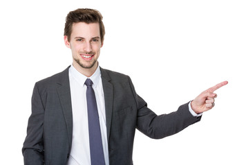 Caucasian businessman with finger point up