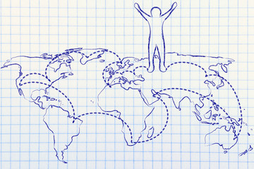 globetrotter life: happy man on world map with visited places