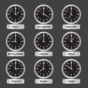 time zones black and silver clock set eps10