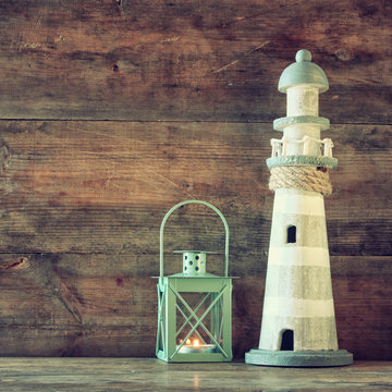nautical lifestyle concept. old vintage lighthouse and lantern