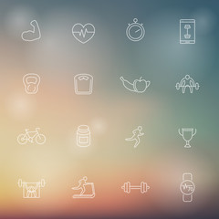 16 line fitness, gym, training white icons on blur background, vector illustration, eps10, easy to edit
