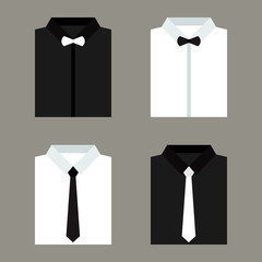 Set of trendy white and black men's shirts with ties and bow tie