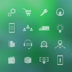 E-commerce, online shopping, payments icons on blur background