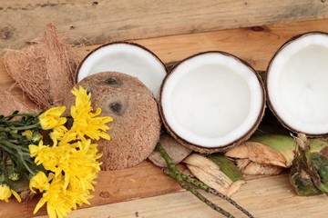 white coconut on wood background