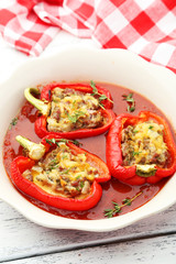 Red peppers stuffed with meat, rice and vegetables