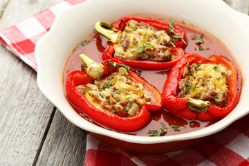 Red peppers stuffed with meat, rice and vegetables