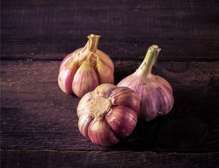 Garlic on dark wooden background.