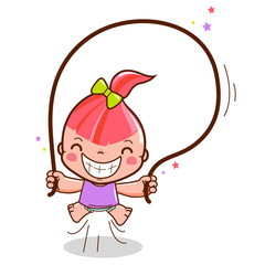 Girl jumping rope. A happy little girl skipping and playing. Vector illustration