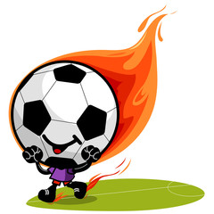 Burning soccer ball character running on the football field. Vector illustration