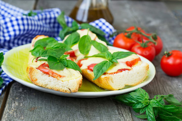 Pizza margherita on french baguette. Rustic style
