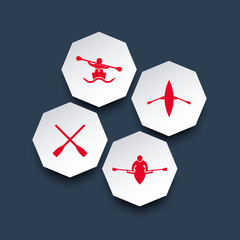 Rowing, kayak, canoe, rower, oar octagon icons in red, vector illustration, eps10