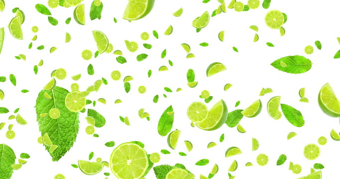 digital fruits citrus lime slices and mint leaf flying on white background, loop seamless. 4K and 1080 resolution. Cocktail mojito ingredients, party concept