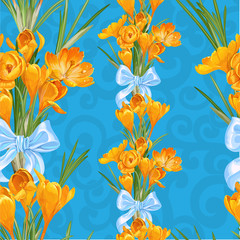 Blue seamless backround from spring yellow crocuses