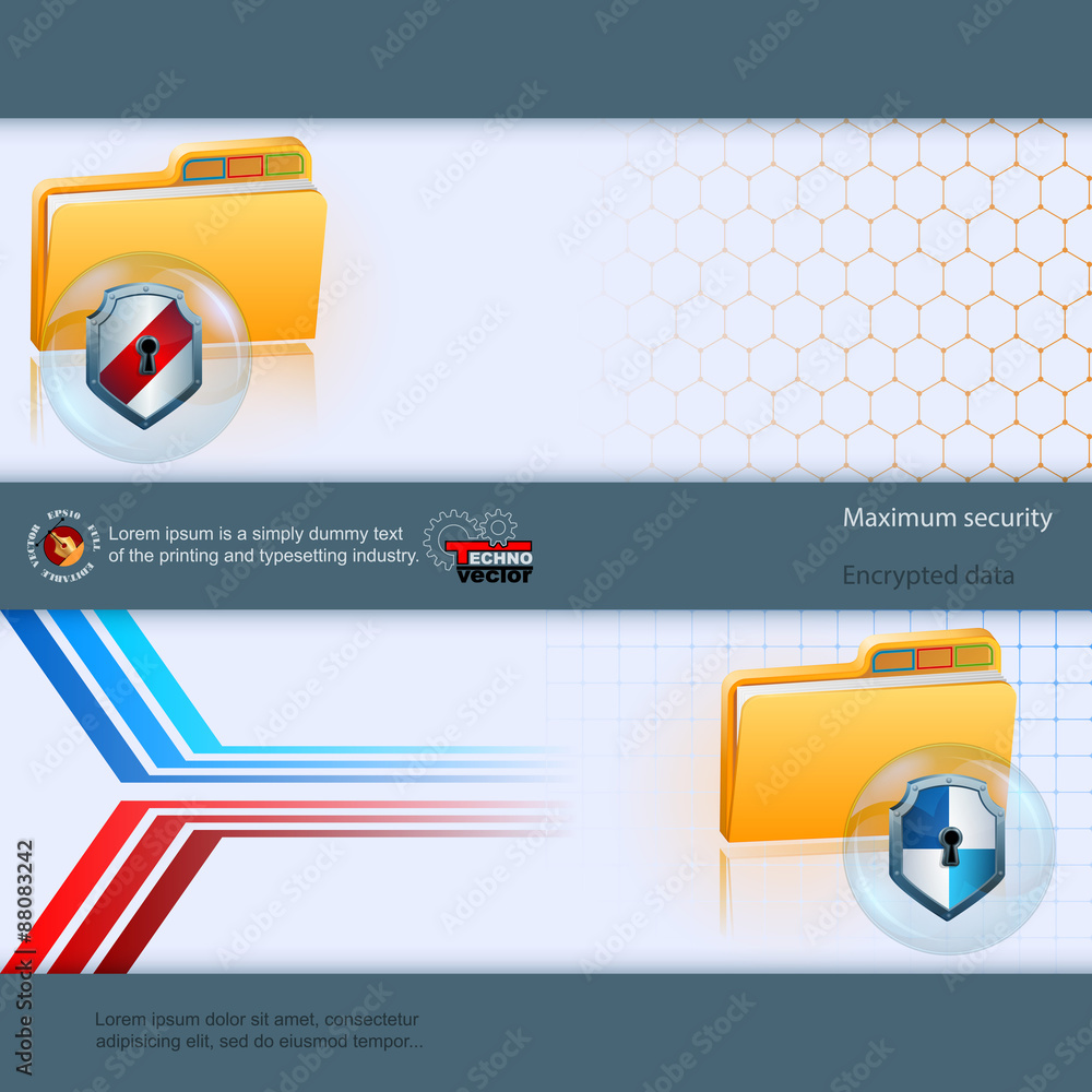 Fototapete Abstract graphic, design web banner, header; Set of banners Three dimensions arrangement with folder symbol artistic designed protected by metallic shield equipped with key hole and space for text