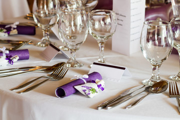 elegant restaurant table set for event, wedding place