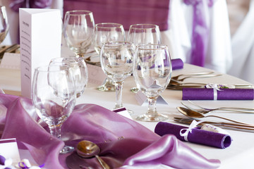 elegant restaurant table set for event, wedding place