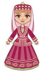  The girl in the Azerbaijanian suit. Historical clothes. Linear pattern on a white background.  Line drawing festive. Vector drawing