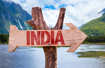 India wooden sign with mountains background