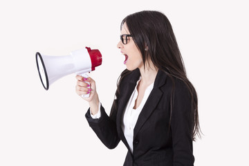 Business woman shouting through megaphones