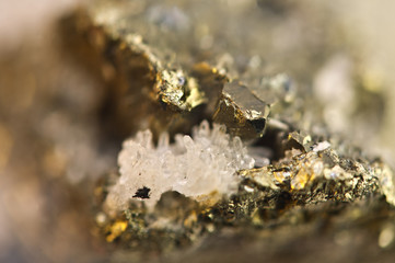 Golden pyrite chemical formula FeS2. Macro