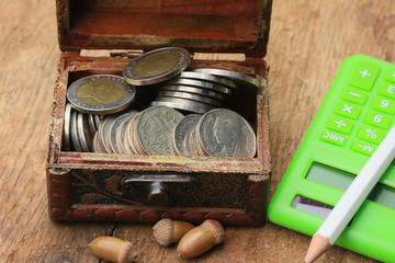 Fototapeta na wymiar Thailand bath coins on a wooden vintage