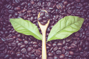 Coffee beans and wooden spoon with filter effect retro vintage s