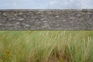 old wooden beam with grass and sky
