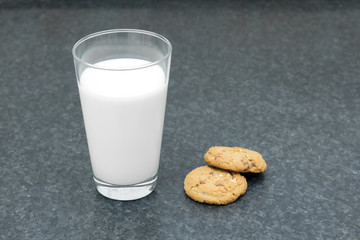 Cookies and a glass of milk on table