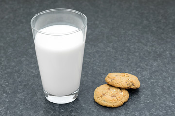 Cookies and a glass of milk on table