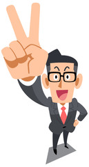 ピースサインを示す、メガネをかけたビジネスマン