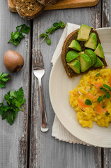 Salmon scrambled eggs and avocado toast
