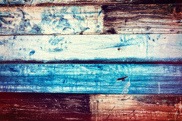 Painted Old Metal Background Looks Like Wood - Vintage Colors - Blue, White, Brown, Yellow, Magenta