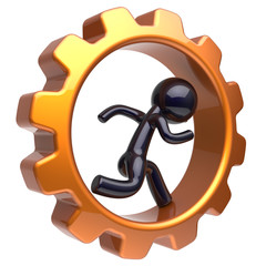 Gearwheel man character running inside gear wheel stylized