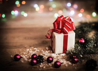 Christmas gift box with Christmas decorations and snow cones