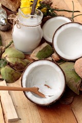white coconut and milk on wood background