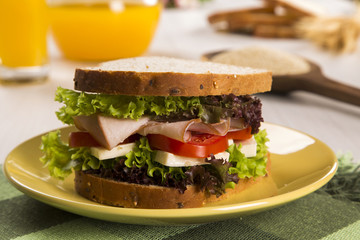 Sandwich on a white plate with turkey breast, tomato and lettuce.