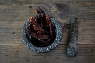 Dried Red Chili Peppers in Stone Mortar with Pestle