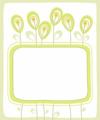 Postcard, green border, flowers, seeds, berries, white background. 